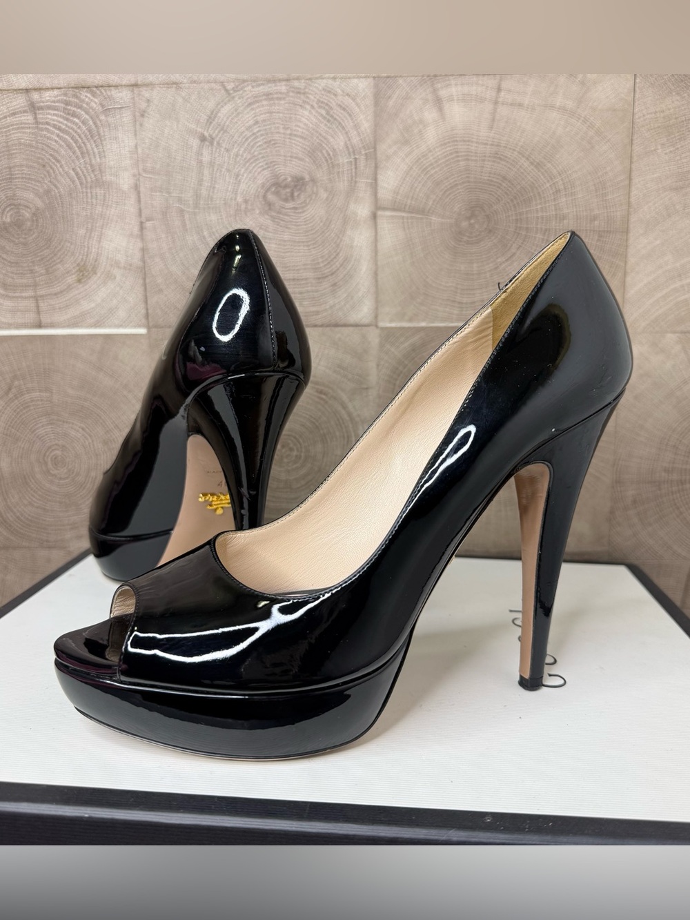 Prada Black Shiny Leather High Heels Platform Open Toe Shoes no Box Sz  40